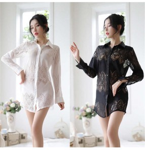 Sexy women's erotic lingerie Lace blouses temptation uniform set lace transparent sexy pajamas long sleeve women's tassel shirt