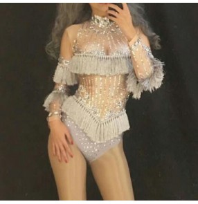 Shining Silver Diamond Stone Dress Female Singer Dancer Bright Bodysuit Costume One-piece Nightclub bling leotards Oufit Party Dresses