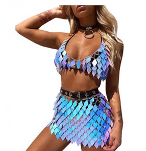 Shiny Blue laser multi-layer sequin nightclub bar hot pole dance punk rock style jazz dance bikini costumes body chain for women waist chain Sexy Necklace Body Clothing Chain