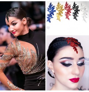 Shiny Latin Ballroom competition Dance Headdress for women girls black red silver blue Lace sequins dance hair accessories Blackpool National standard dance headflower