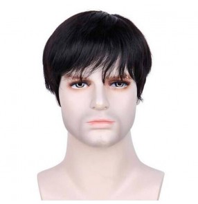 Short human-hair wig black high density with bangs wig for women and men party drama cosplay wig or daily use 8.8-9inch