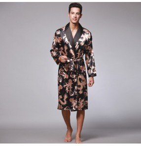 Silk satin long sleeves home clothing for male men's pajamas Long robe and bathrobe men's lapel collar home wear