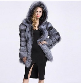 Silver black fashion faux fur coat for women female hoodies faux fur jacket for women