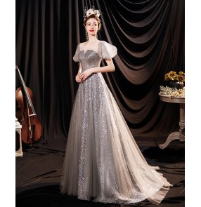 Silver glitter bride wedding toast dress banquet host wedding evening dress host singers solo performance dresses