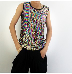 Silver gold red rainbow Sequined jazz dance vest for men nightclub singer rapper gogo dancers performance sleeveless tops DJ punk Rock Vest for Male