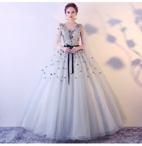 silver pink bling evening Dress for women girls solo performance clothes pettiskirt vocal chorus art test host long skirt singers performing dress for female