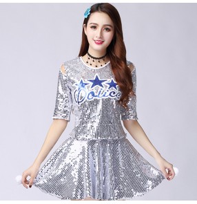 Silver royal blue red gold sequin Cheerleader stage performance costume green Jazz dance costume Female adult modern hip-hop group gogo dancers sequined stage peformance dress