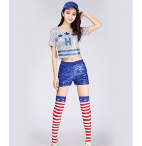 Silver royal blue red Jazz dance costume DS dance outfits for women girls cheerleading costume modern dance practice clothes hip-hop sequin dance costume