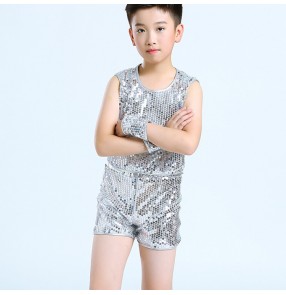 Silver sequin boy's jazz dance costumes modern dance hiphop street singers host stage performance vest and shorts