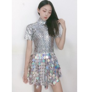 Silver sequins Bar jazz dance performance dresses for women nightclub ds female singer jazz stage dance team performance gogo dancers sequin skirt