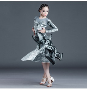 Silver velvet latin dance dresses latin dance skirts for girls kids children stage performance latin ballroom dance costumes 