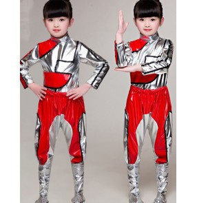 silver with red jazz rap dance costumes for girls boys Children's drum suit Science fiction robot hiphop Children's dance outfits