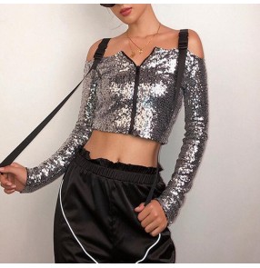 Silver women's female sequin jazz dance tops hiphop gogo dancers stage performance short coats 