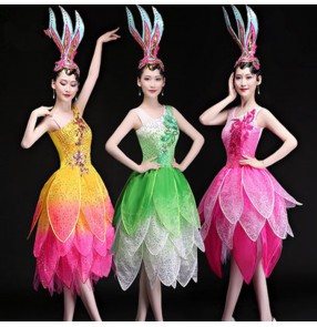 Singer gogo dancers cheer leaders modern dance outfits fairy pink green yellow gradient colored jazz dj performance competition dresses