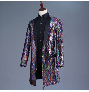 singer jazz dance Rainbow sequin blazers for men's male competition stage performance ds night club party dancing cosplay long coats