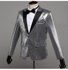 Singers stage performance paillette blazers for men's male silver color jazz competition host night club dj ds dancing jacket coats
