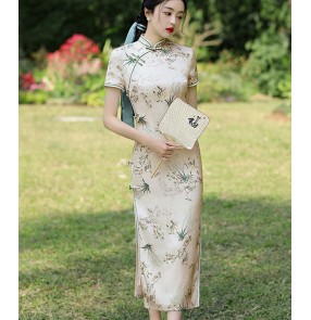 Slim Fit Jacquard chinese dresses traditional oriental retro cheongsam qipao for women girls Satin Silk Floral host singers party photos shooting Daily Cheongsam Girls Dress