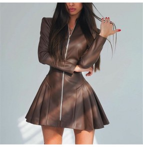 Slim sexy fashion mini dresses for women long sleeves  zipper pleated leather skirt dress