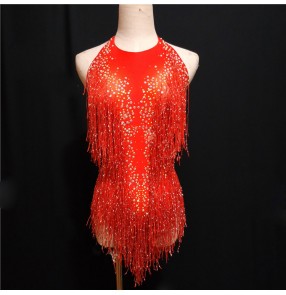 Sparkly  Rhinestones Tassel Bodysuit violet red gold Female Singer DJ Sexy Stage Show Wear Leotard Jazz Dance Costume Crystals Outfits jumpsuits