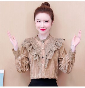 Spring chiffon shirt lady blouses ruffles neck lace shirt women fashion red festive shirt top