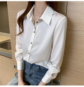 Spring Korean style white chiffon office shirt for female all-match commuting Long sleeve white blouses women work shirt