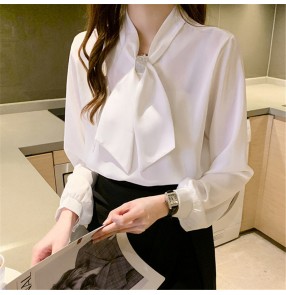 Spring OL professional shirt office korean style satin bowknot blouses women's long-sleeved shirt fashion satin temperament shirt