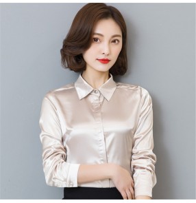Spring Women's Satin office blouses shirts Top Slim Fit Silk Satin Long Sleeve suit bottom Shirt for female