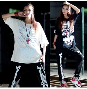 Street dance hip-hop style loose long short-sleeved long sleeves for women T-shirt trendy female hip-hop show Halloween reflective skull top