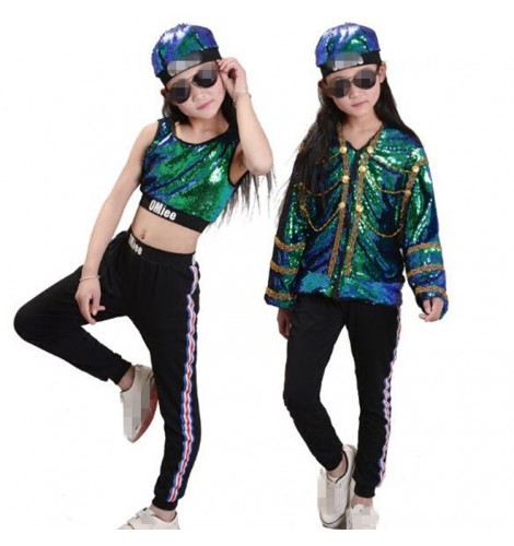 street dance jazz outfits for Kids girls green paillette hiphop stage ...