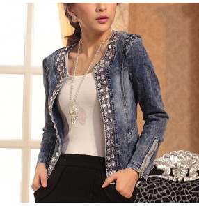 Stretch denim jacket women handmade sequins Rhinestones retro short jacket spring European and American denim jacket tops