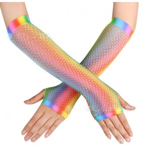 Stretch Mesh Rainbow Colorful  jazz gogo dance Gloves Party Ball Punk Half Finger Gloves Nightclub Sexy cosplay Mesh Mid Length Gloves for women girls