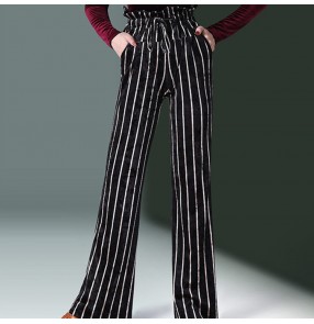 striped ballroom latin dance pants for women female stage performance high waist wide leg swing pants long trousers