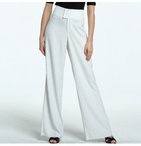 Striped latin dance pants long length white wine women's female high waist swing leg stage performance ballroom tango ballroom trousers