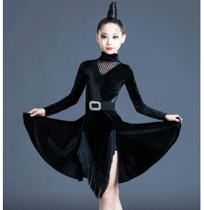 striped velvet long sleeves black latin dance dresses for girls kids ballroom dance dress stage performance exercises practice latin salsa dance costumes