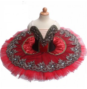 swan lake ballet dance dress for kids red colored classical ballerina stage performance pancake tutu skirts ballet dance costumes for girls