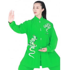 Tai chi clothing chinese kung fu uniforms for women green emboridered dragon pattern tai ji quan wushu martial art stage performance suit for women and men