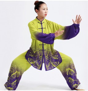 Tai chi clothing for women and men purple yellow gradient Chinese Kungfu Wushu competition uniforms martial arts performance clothes Spring Autumn