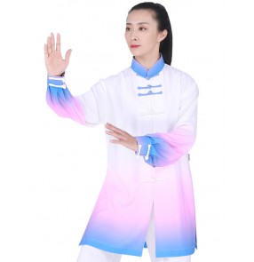 Tai chi clothing kung fu uniforms for women yellow pink blue gradient colored morning running sports fitness exercises martial art stage performance wushu suit for female