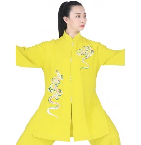 Tai chi uniforms kung fu clothing for women yellow emboridered dragon pattern chinese martial art wushu tai ji quan stage performance tops and pants for women