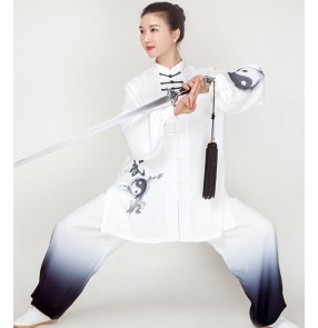 Taichi Chinese Kung fu clothing for women men white black gradient competition wushu martial art performance suit moring exercises fitness tai ji quan practice costumes