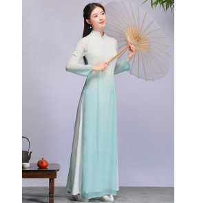 Tea Dresses green gradient chinese qipao dresses Female Zen Literary women Chinese Zen Clothes Female Vietnam Ao Dai cheongsam fairy dress