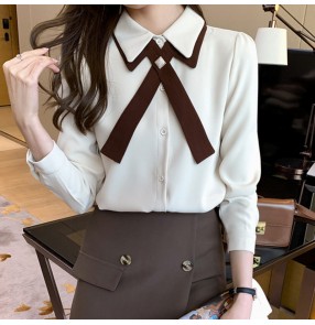 Temperament chiffon ivory color blouses office lady work shirt  women's long-sleeved bottoming shirt commuter tops