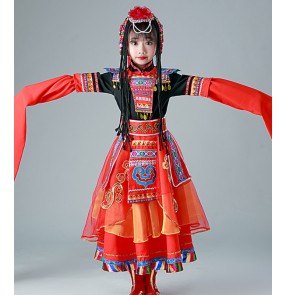 Tibetan chinese folk dance performance dresses girls Tibetan catwalk show waterfall sleeve ethnic style dance dresses Tibet stage outfits