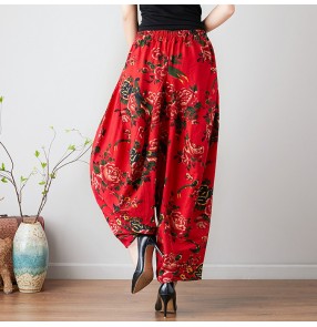 Traditional Chinese bloom pants for women female floral pattern loose square dance swing leg trousers linen long pants