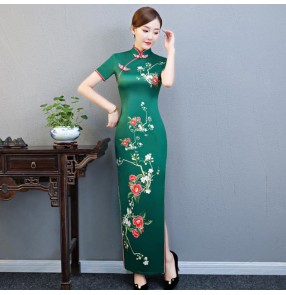 Traditional chinese qipao dresses dark green Women's chinese dresses oriental stage performance model drama cosplay dresses