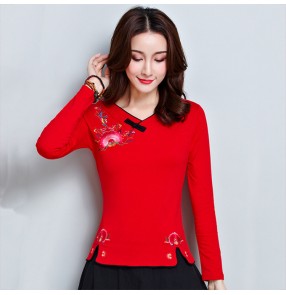 Traditional chinese Qipao tops for women retro embroidered pattern long sleeves  blouses t shirts 