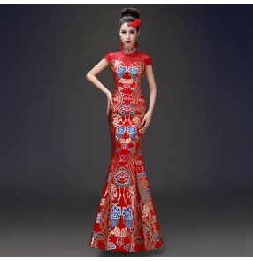 Traditional red dragon chinese dresses retro qipao dress bride chinese wedding party merimaid dress