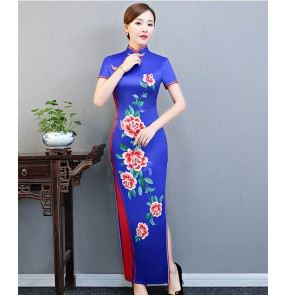 Traditional women's Chinese Qipao dresses embroidered satin cheongsam dress for female evening party chorus drama cosplay stage performance dresses