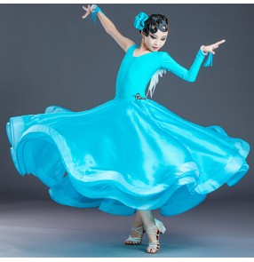 Turquoise ballroom dancing dress for girls kids one sleeves with white lace competition stage performance waltz tango ballroom dance dress for children