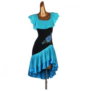 Turquoise blue with rose flowers tassels competition latin dance dresses latin costumes for women kids rumba salsa chacha dance dress